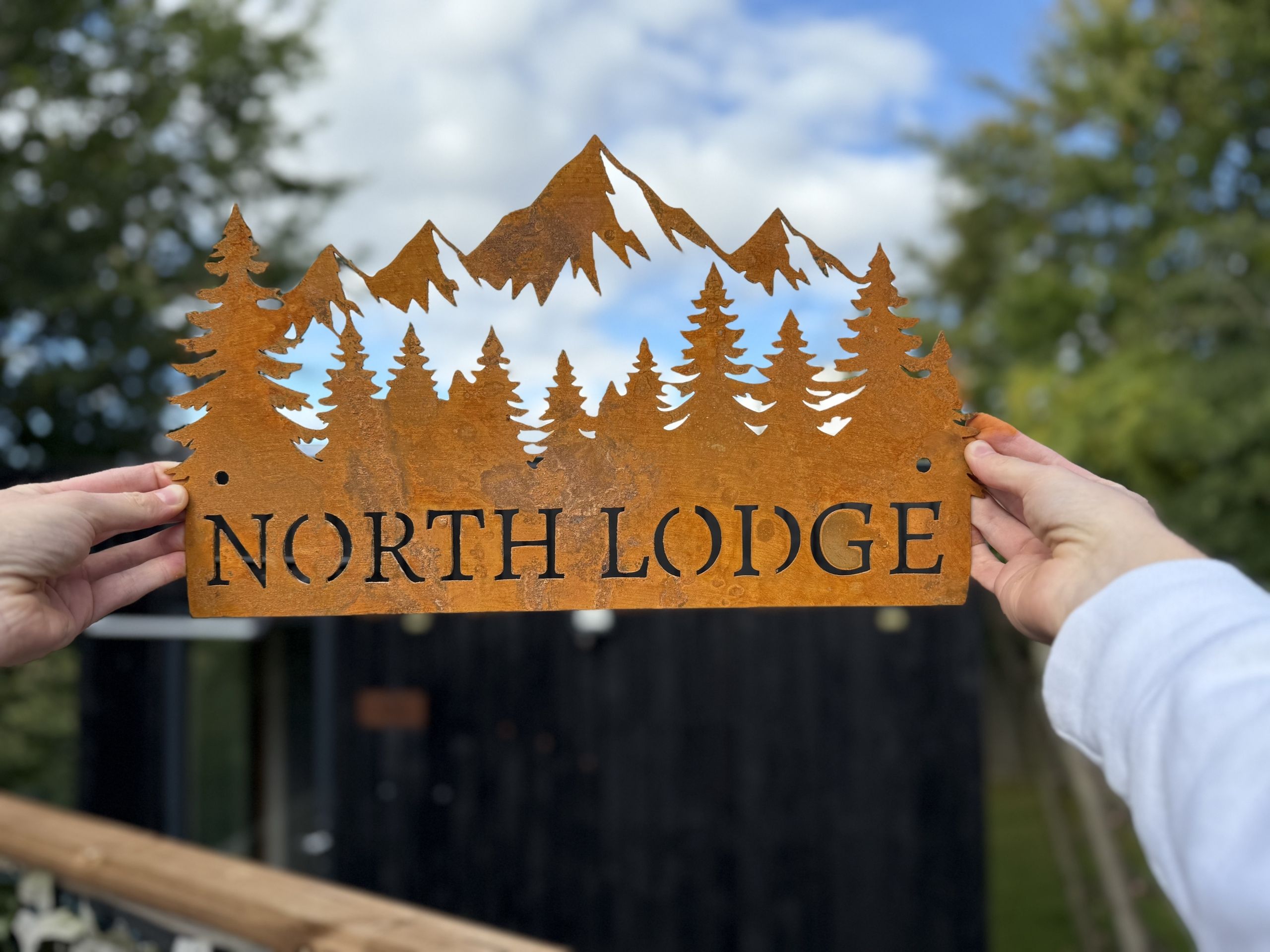 Corten Steel Sign Mountain Forest scene , various sizes available and bespoke.